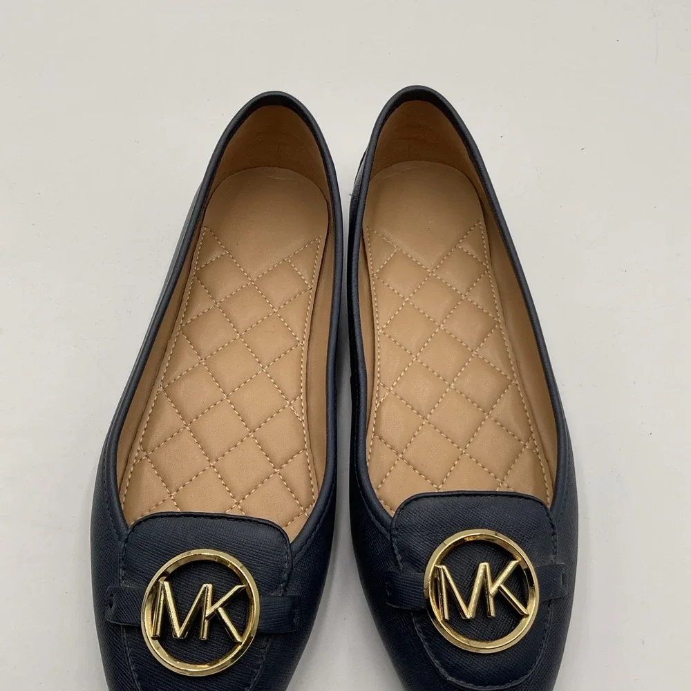 Michael Kors Navy Blue Leather Slip On Flats Logo Medallion Women's Size 8.5